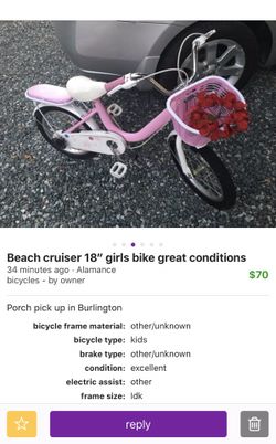 Beach cruiser 18” girl bike firm price