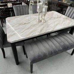 ✅️✅️ 5 pc Pascal black wood finish faux marble top dining table set grey fabric (Bench not included)✅️
