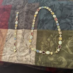 Gold Multi-Colored Gem Necklace and Matching Bracelet 