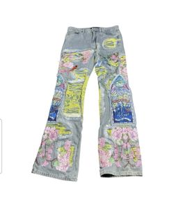 Who Decides War x Ev Bravado Cherry Blossom Embroidered Denim Blue Jeans Size 34