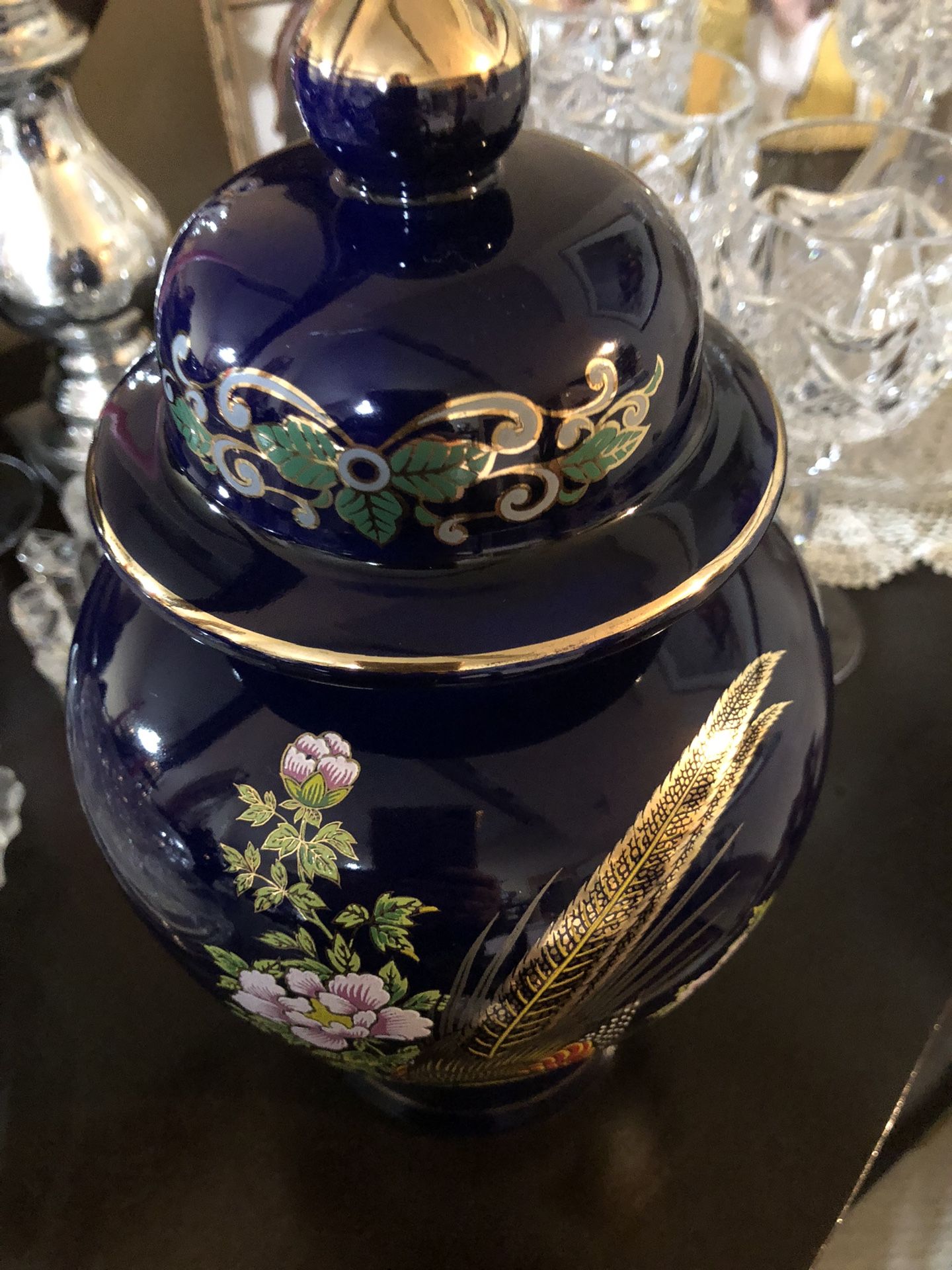 Vintage Cobalt Blue Porcelain Ginger Jar Bird Design