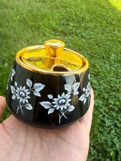 Vintage Black & Gold Floral Sugar Bowl ✨