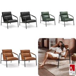 3 Colors Available—set Of 2   Accent Chair, Metal Framed Armchair, Synthetic Leather with Stitching, Mid-Century Modern, Sling Chair for Living, Bedr