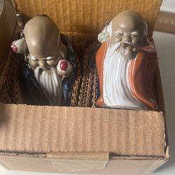 Vintage Pottery Ceramic Chinese Shou Xing god of longevity Mud Men 6 Figures