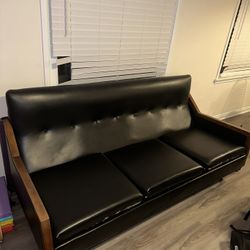 Vintage Inspired Milo Baughman Black Leather Couch Walnut Wood 