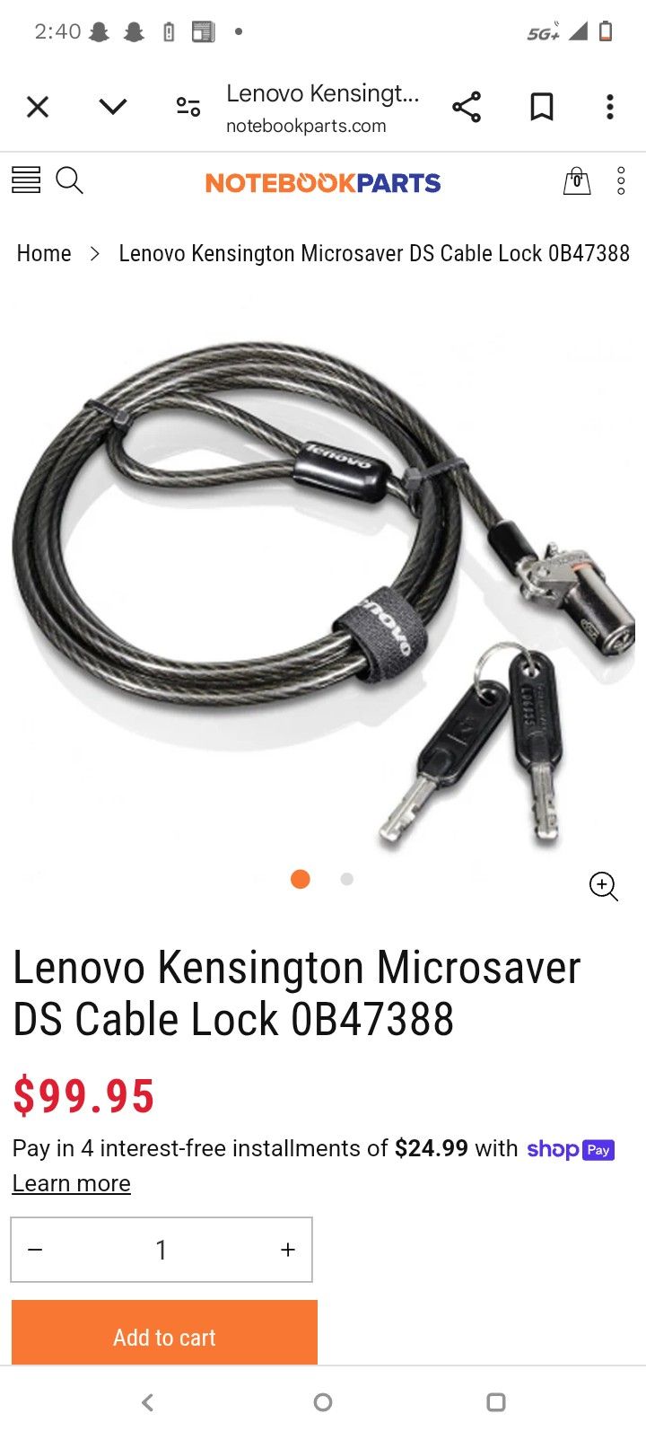 Lenovo Kensington Lock Cable W/Keys