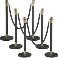 6 Piece Brand New Line Poles, Crowd Control Stanchion, Velvet Ropes and Posts, Black/Gold, Black Velvet Rope, 