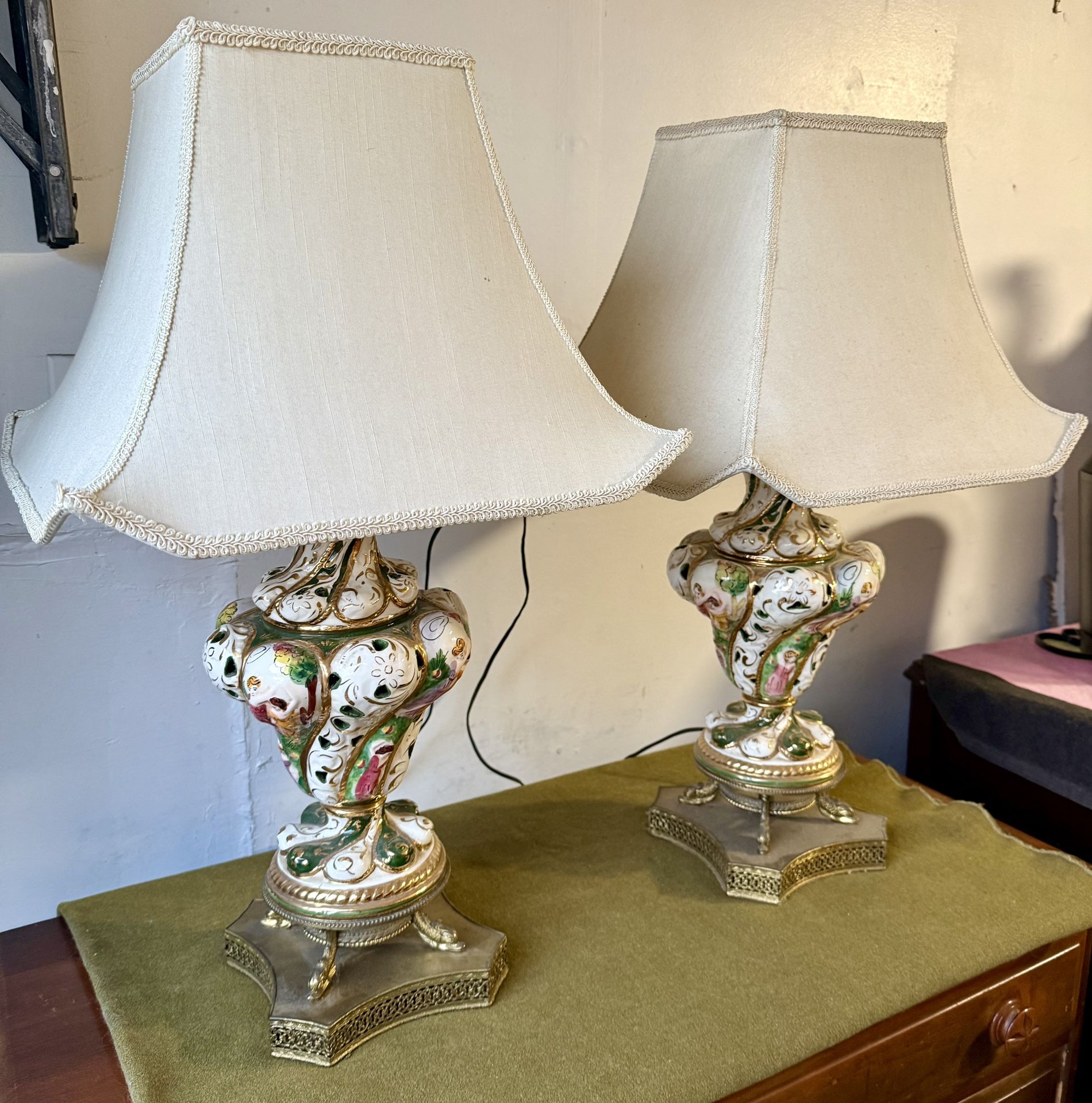 Pair of Antique Porcelain and Brass Table Lamps