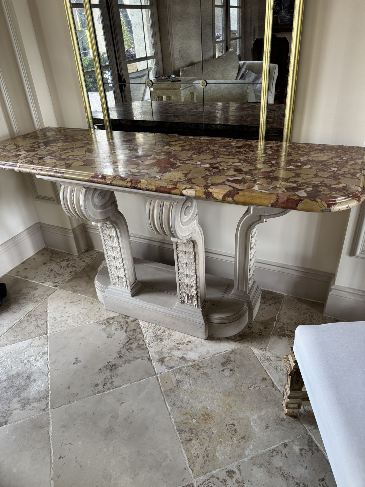 Beautiful Vintage console table w/ a multi-hued marble top. - Excellent Condition - 64” x 22” x 34”   