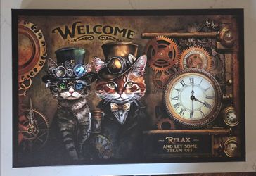 Steampunk Kitty Cat Welcome Sign canvas