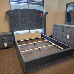 Grey Tall Headboard Upholstered Tufted Queen Size Bedroom Set 