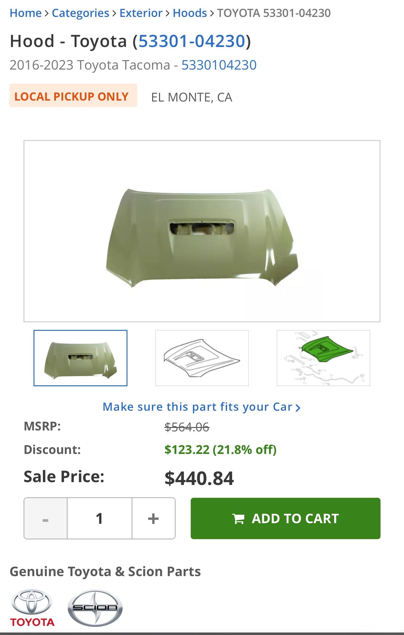 Tacoma Trd Pro/sport Hood Oem Unpainted