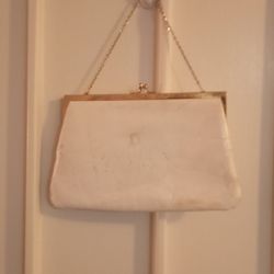 Vintage "Etra" Handbag White Leather With Gold Around Top And Gold Chain 