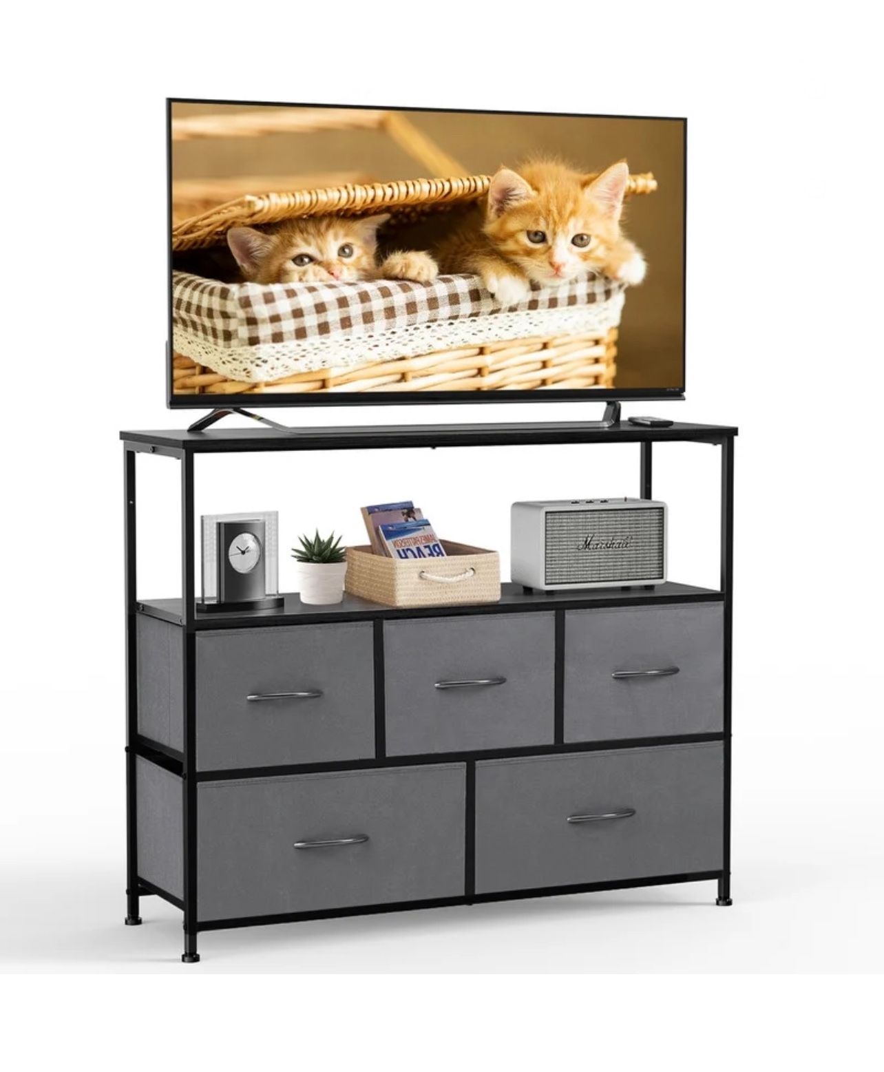 TV Cabinet Stand, 5 Fabric Drawers & Adjustable Feet for Bedroom, Gray