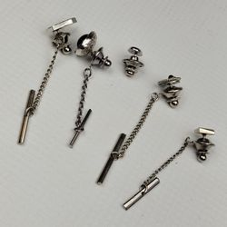 Tie Tack Lapen Pin Tie Clip With Chain 4 (PIECES) 1 Brooch  Silver Tone 