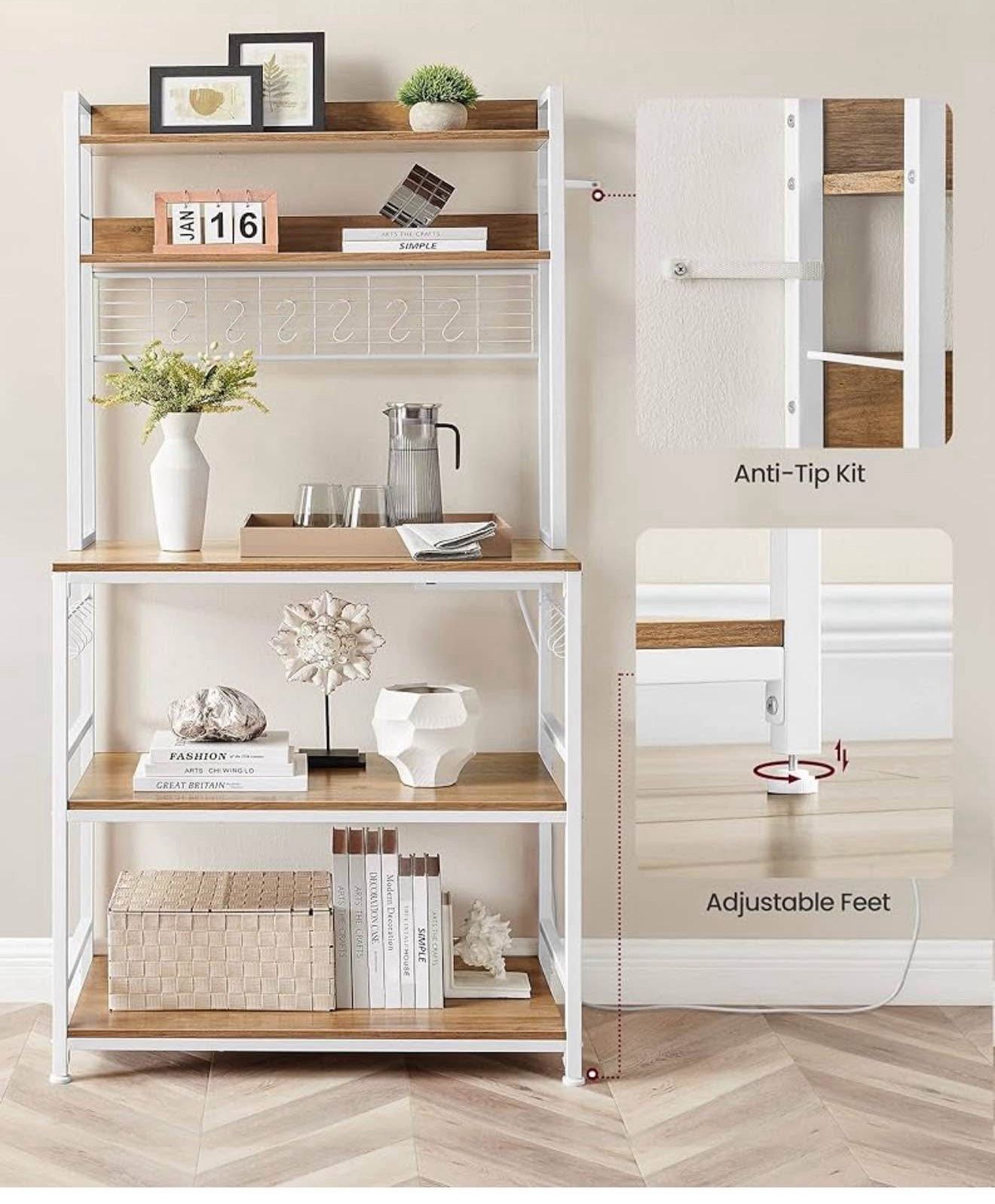 Hutch Bakers Rack with Power Outlet, 14 Hooks Microwave Stand, Adjustable Coffee Bar with Metal Wire Panel, Kitchen Storage Shelf, 15.7 x 