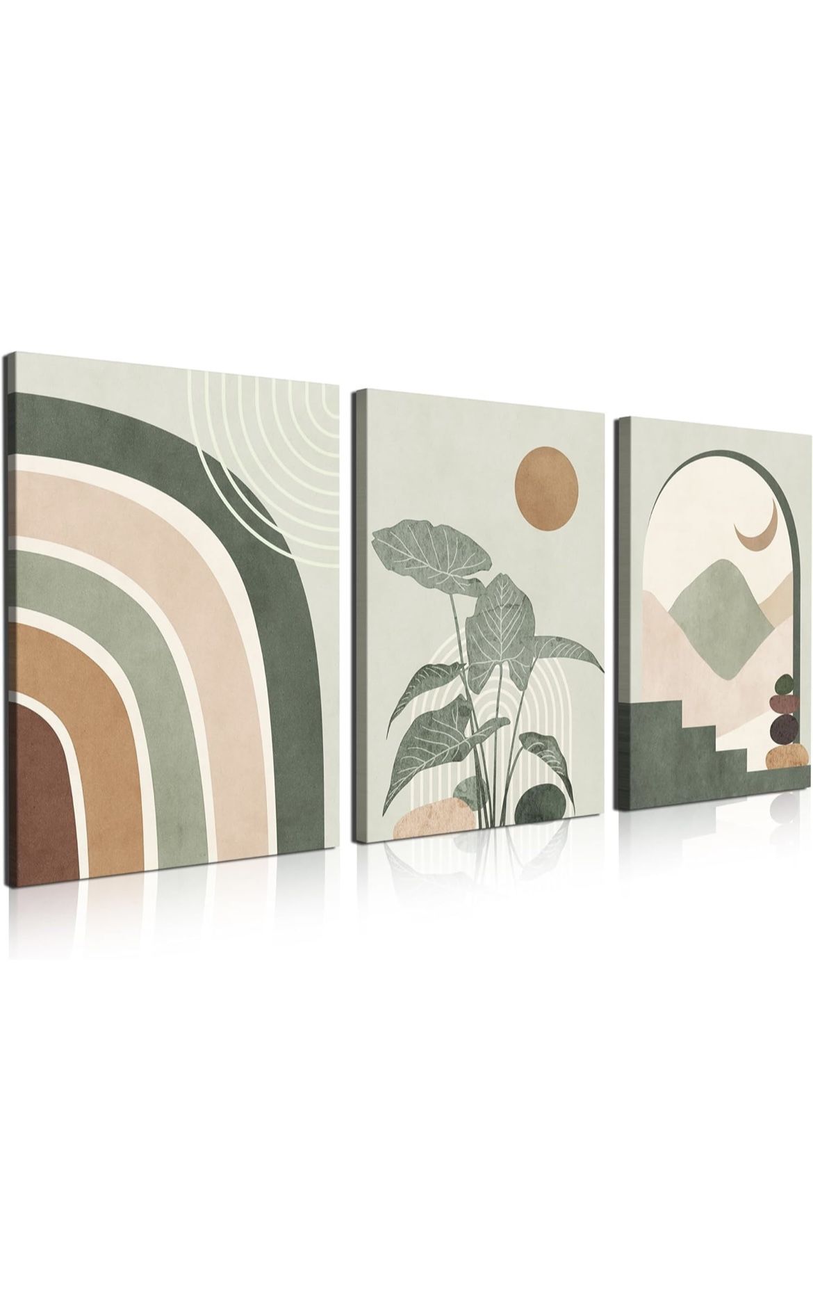 ELSGGZY Boho Wall Art Abstract Canvas Prints Mid Century Neutral Framed Set of 3 Geometric Plant Paintings Modern Bohemian Pictures Posters Wall Decor