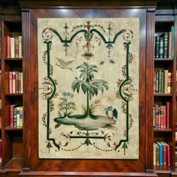 ⭕️ Large Hand-painted Vintage Neoclassical Botanical Wall Art – Tropical Palm & Birds, 33x46