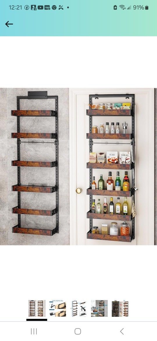 bukfen Over the Door Pantry Organizer, 6-Tier Adjustable Wooden Basket Kitchen Pantry Door Organization and Storage, Heavy-Duty Metal Hanging Kitchen 