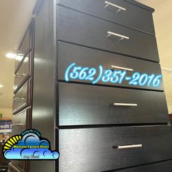 Black Wood 5 Drawer Solid Dresser With Metal Rails 