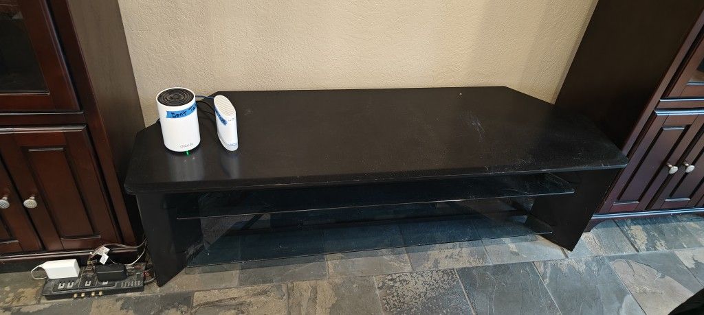Black Wood TV Stand With Glass Shelves