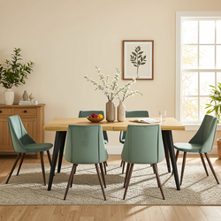 Homy Casa LANCELOT+SMEG 7PC Dining Set 63" Table with 6 Velvet Cactus Brown Chairs – Wave Edge Wood Grain Tabletop