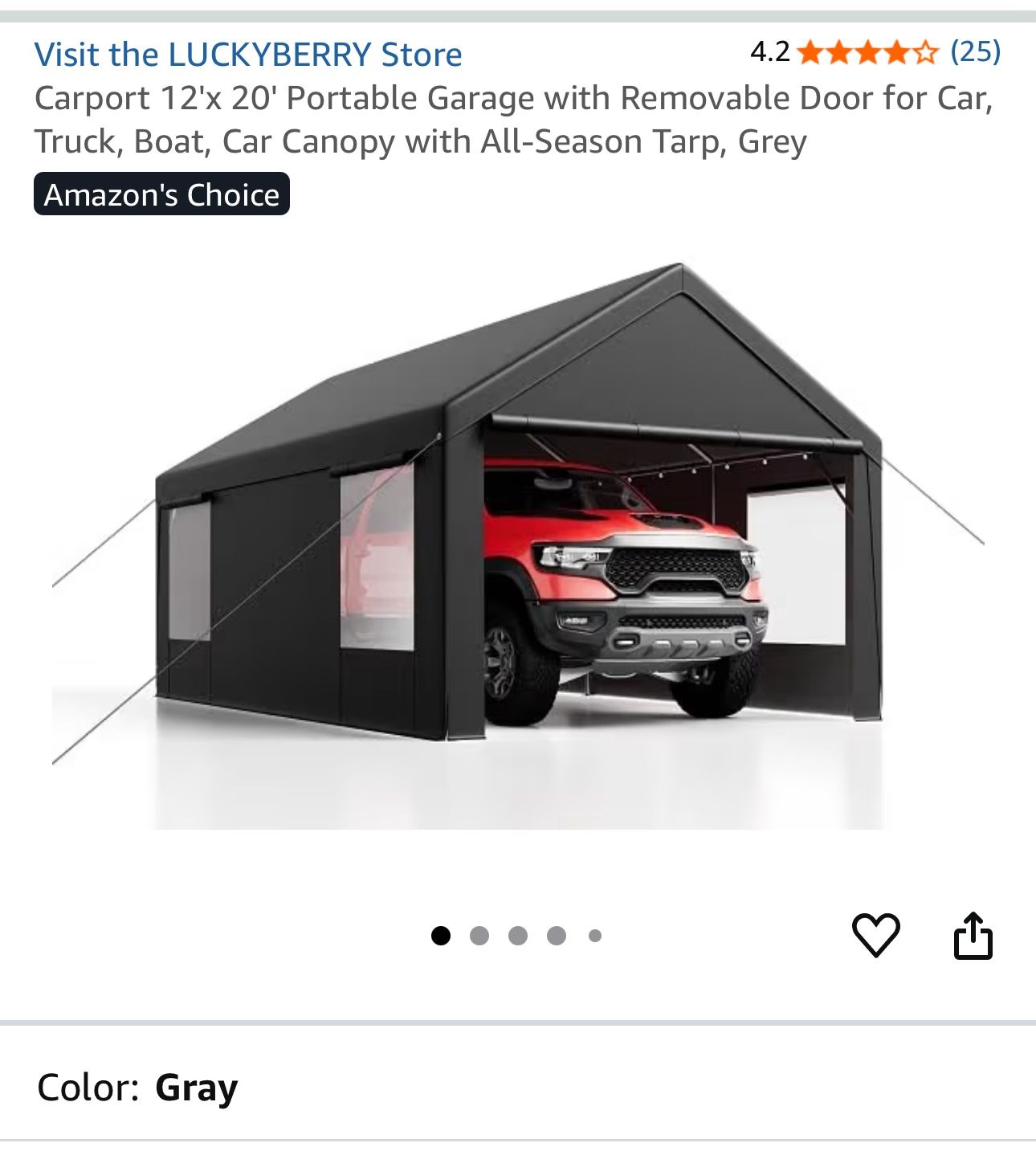 Carport 12'x 20' Portable Garage with Removable Door for Car, Truck, Boat, Car Canopy with All-Season Tarp, Grey