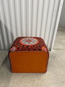 PALECEK Embroidered Suzani Cube Ottoman - Leather Trim