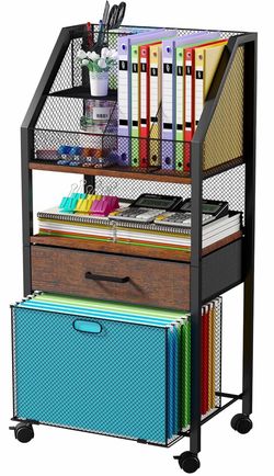 Rolling File Cart with Drawers & Wheels – Brown/Black Office Storage Organizer