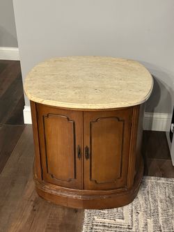 Vintage Harold Herman Furniture Wood Cabinet End Table with Marble Top