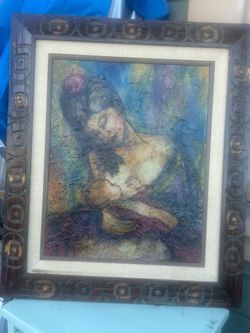 Stunning Midcentury Impressionistic Painting of a Mother and Child in a Cool Wood Frame: