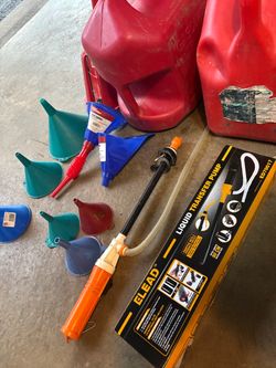 Complete Garage Liquid Transfer Kit - Gas Cans, ELEAD Battery Pump, Funnels (Must Take All Together)