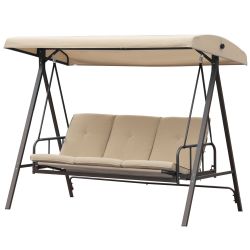 Outdoor 3-Person Patio Porch Swing Bench, Adjustable Tilt Canopy and Cushions Included, Khaki