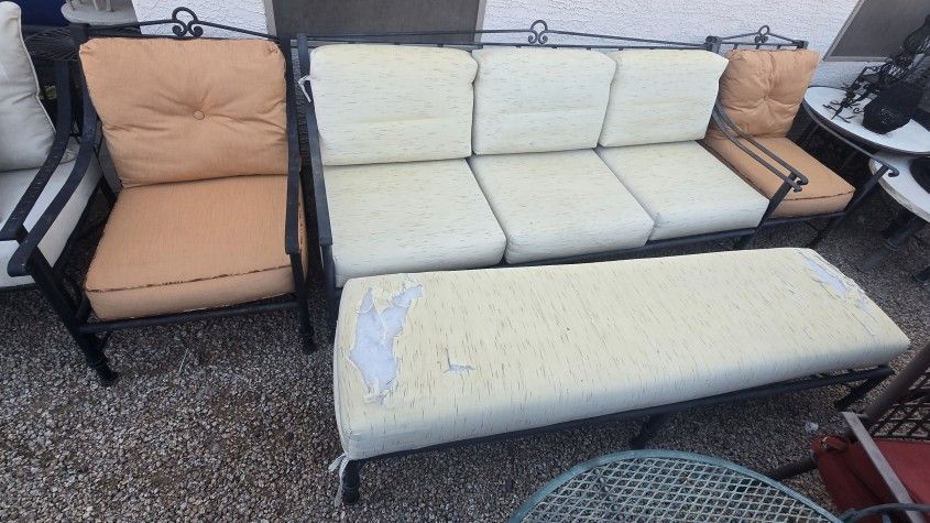 $1200 ARIZONA IRON BIG COUCH AND BENCH AND 2 CHAIRS WITH SUNBRELLA CUSHIONS