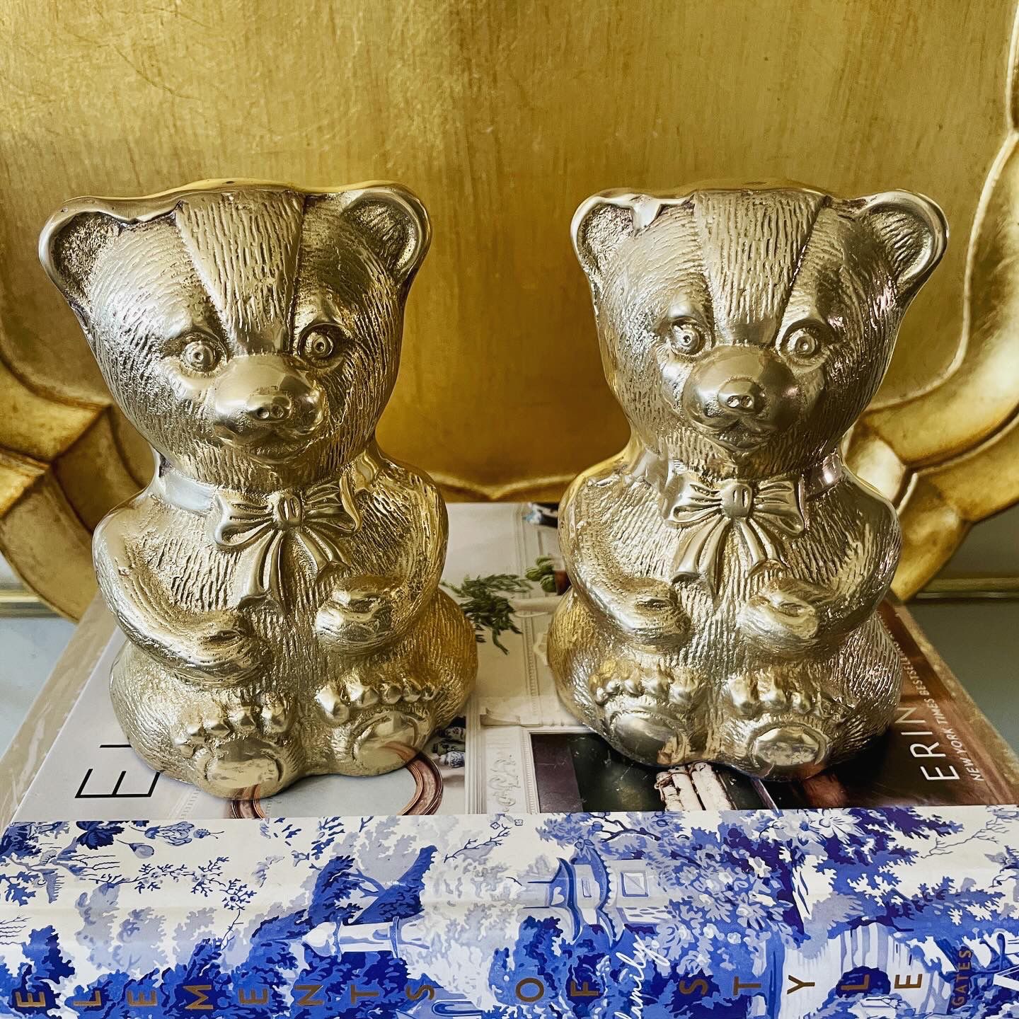 Vintage 5 1/2” H Heavy Solid Brass Teddy Bear Bookends - Pair