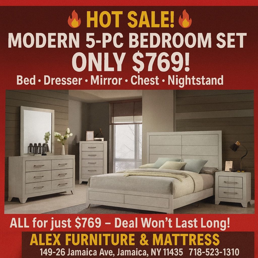 🔥 HOT SALE ALERT! 🔥  MODERN 5-PC BEDROOM SET – ONLY $798!  Bed • Dresser • Mirror • Chest • Nightstand 