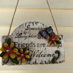 Decorative Garden Stones Cement Flowers and Butterflies Hanging Plaques Collection with Inspirational Sayings Set (Sunshine, Laughter, Friends are Alw