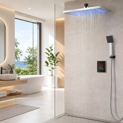 Costway LED Rainfall Shower Panel with Handheld Shower, Body Massage Jets & Color-Changing Display, Stainless Steel Wall-Mounted Shower System (BA6420