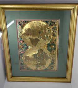 Vintage Framed World Map Print Gold Foil Art Wall Decor Ornate Gold Frame