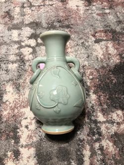 Vintage Chinese Longquan Celadon Anhua Handled  Glazed Vase 13 Inches