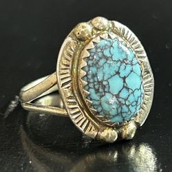 Vintage Ring Size 5 Navajo Turquoise Sterling Silver Spider Web