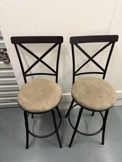 Set of 2 Swivel Bar Stools – Black Metal & Khaki Cushions