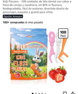 Kids Flossers - 100 unidades de hilo dental con sabor a fresa de conejo y zanahoria, sin BPA ni fluoruro, biodegradable, fácil de sostener, divertido