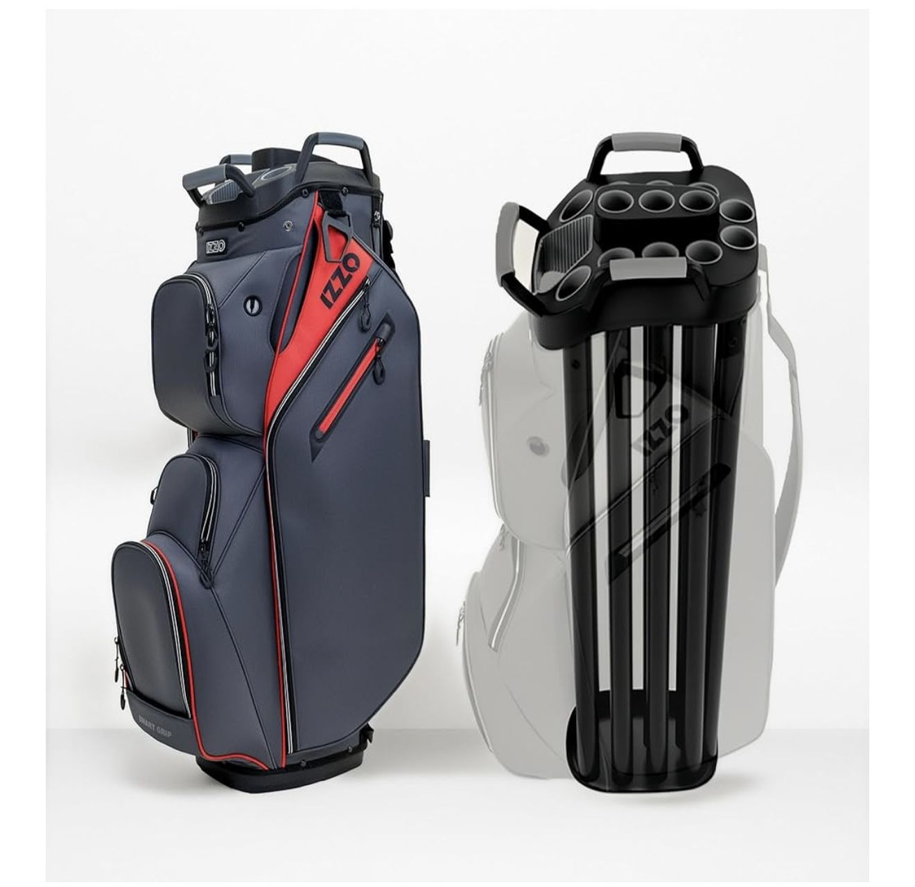 Izzo Ultimate Organizer Golf Cart Bag Color: Grey/Red Brand Izzo Color Grey/Red Material Polyester Product Dimensions 18"L x 16"W x 36"H Number of D