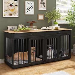 Indestructible Large Dog Kennel Cage with Removable Irons for 2 Medium Dogs, Modern Large Dog Crate Furniture, Black