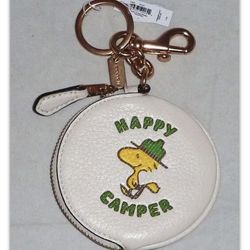 NEW Coach X Peanuts Bag Charm Keychain With Woodstock Happy Camper Coin Purse