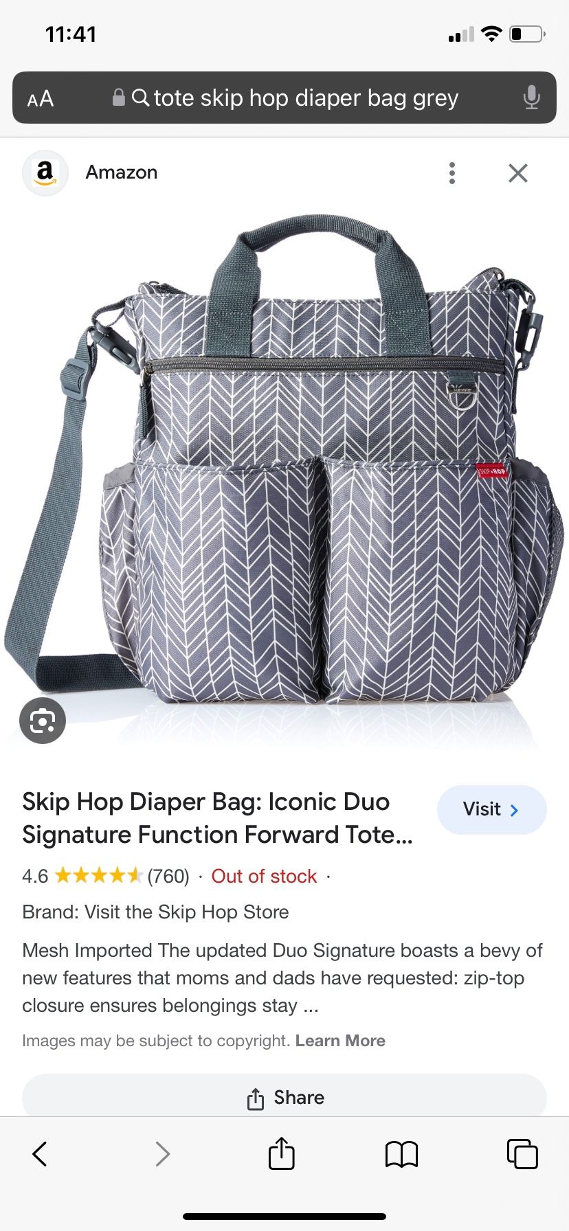 Skip Hop Diaper Bag: Iconic Duo Signature Function Forward Tote with Changing Pad, Grey Feather