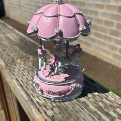 Exquisite World's Fair Style Pink Canopy With Silver Accents Animated Musical Carousel