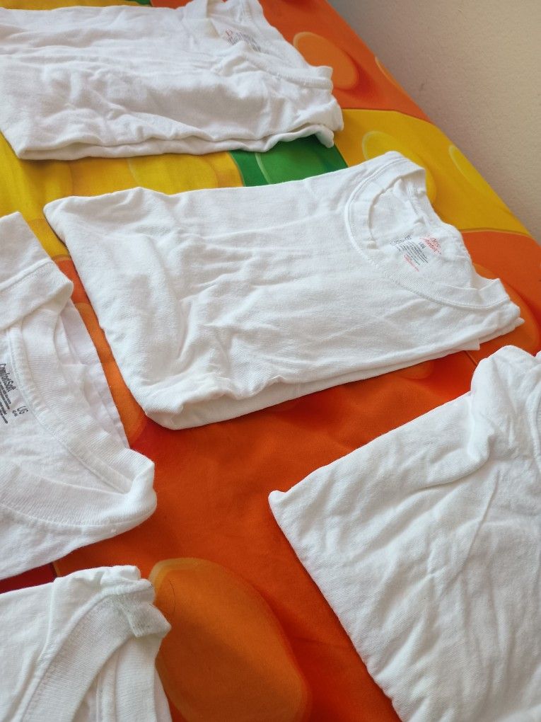 SIX (6) Hanes Men's 100% Cotton WHITE Large T-Shirts