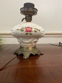 Vintage Hurricane Table Lamp Floral Milk Glass